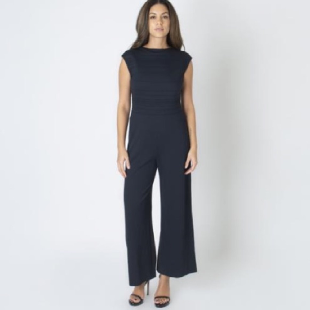 Escada Jumpsuit Navy Bateau Neck Wide Leg Pleated Flattering Women’s Sz 40 US 10
